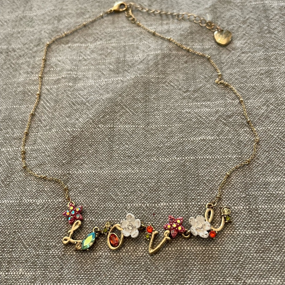 Vintage Betsey Johnson Gold and Pink Love Necklace with Nature-Inspired Charms - Picture 4 of 12